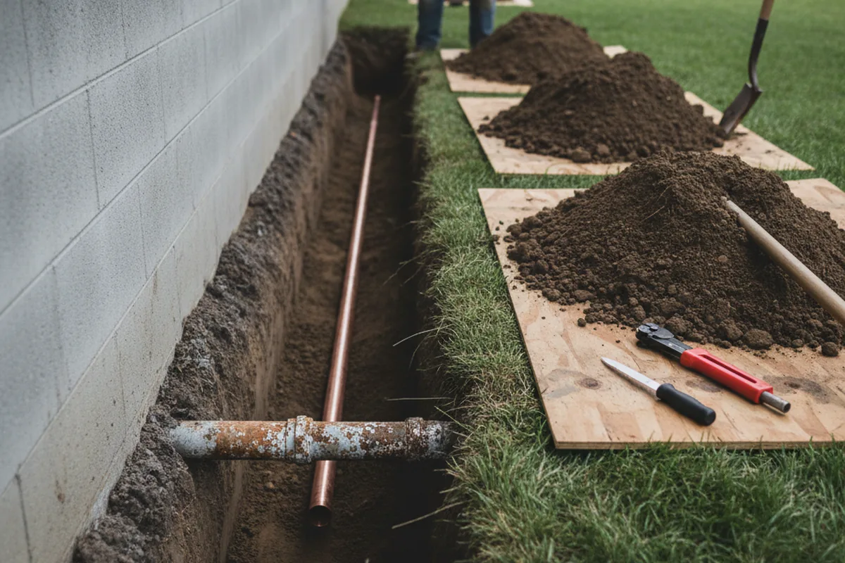 Excavated water line trench during Sewer Line Repair in Jefferson